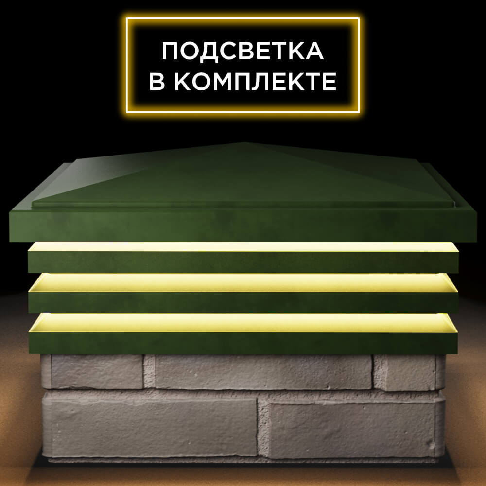Колпак Zking Бона ХайТек Зеленый на столб 1.5х1.5 кирпича (385х385мм) с подсветкой Ялта фото
